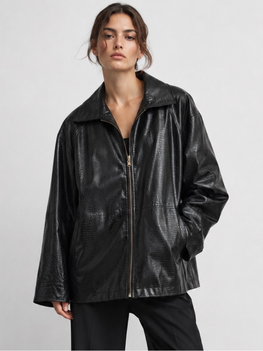 Vakko Genuine Leather Boyfriend Reptile Textured Zip Front Jacket in Black
